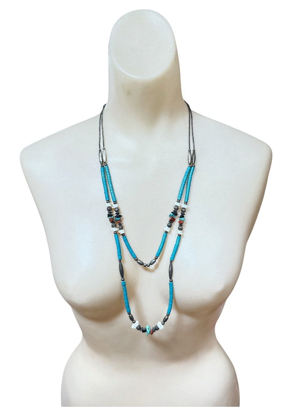 Vintage Southwest Style Turquoise Heishi Double Strand Silver Plate Necklace 25”